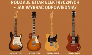 Cztery rodzaje gitar elektrycznych: Stratocaster, Les Paul, Telecaster i SG, prezentowane obok siebie, pomagają wybrać idealny instrument.