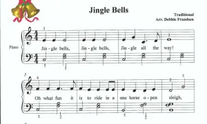Nuty do piosenki "Jingle Bells" na keyboard. Złote dzwoneczki z czerwoną wstążką.