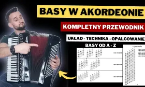 Mężczyzna pokazuje układ basów na akordeon. Na ekranie widoczne są tabele z akordami i ich nazwami.