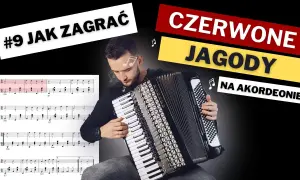 Nuty do "Sto lat" na akordeon. Mężczyzna gra na instrumencie, obok arkusz z zapisem nutowym.
