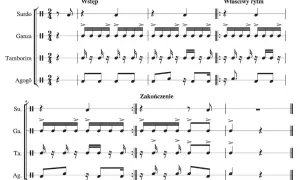 Partytura muzyczna z rytmami dla brazylijskich instrumentów perkusyjnych: Surdo, Ganza, Tamborim i Agogô.