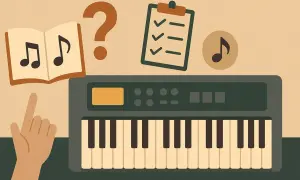 Ręka wskazuje na nuty w książce obok keyboardu. Czy brakuje pedału do keyboardu?