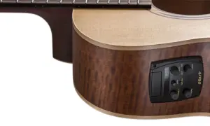 Drewniana gitara akustyczna Baton Rouge z widocznym panelem sterowania i progami.