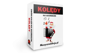 Świąteczny Mikołaj gra na akordeonie, a obok nuty. Zbiór kolęd na akordeon.