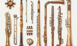 Kolekcja zabytkowych dętych instrumentów muzycznych, od saksofonu po flety, prezentuje kunszt rzemieślniczy i piękno drewna i metalu.