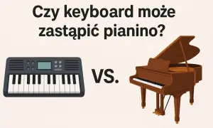 Keyboard i pianino stoją obok siebie, z napisem "VS." pośrodku.