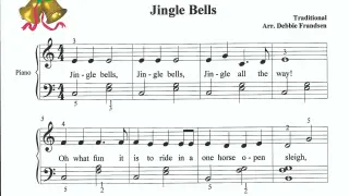 Nuty do piosenki "Jingle Bells" na keyboard. Złote dzwoneczki z czerwoną wstążką.