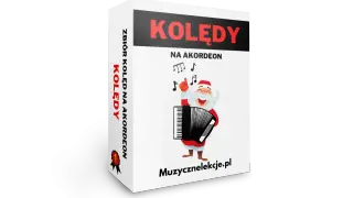 Świąteczny Mikołaj gra na akordeonie, a obok nuty. Zbiór kolęd na akordeon.