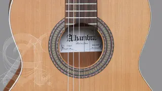 Gitara Alhambra z serii Natura, wykonana z naturalnego drewna, z ozdobnym rozetą i białymi, delikatnymi liniami przypominającymi szkice.