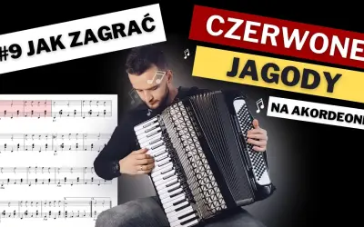 Nuty do "Sto lat" na akordeon. Mężczyzna gra na instrumencie, obok arkusz z zapisem nutowym.
