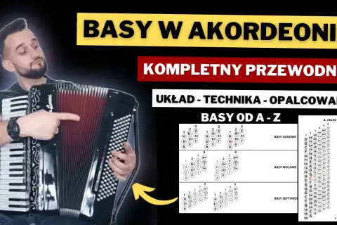 Mężczyzna pokazuje układ basów na akordeon. Na ekranie widoczne są tabele z akordami i ich nazwami.