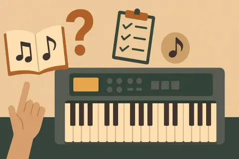 Ręka wskazuje na nuty w książce obok keyboardu. Czy brakuje pedału do keyboardu?