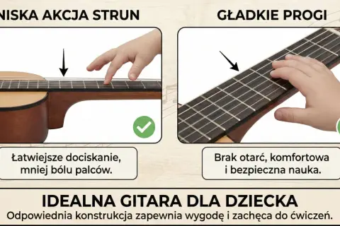 Idealna gitara klasyczna dla dzieci: niska akcja strun i gładkie progi ułatwiają naukę i chronią palce.