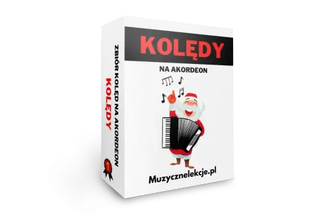 Świąteczny Mikołaj gra na akordeonie, a obok nuty. Zbiór kolęd na akordeon.