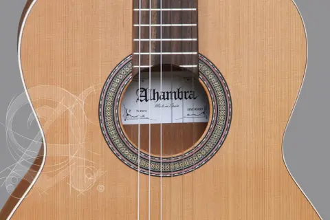 Gitara Alhambra z serii Natura, wykonana z naturalnego drewna, z ozdobnym rozetą i białymi, delikatnymi liniami przypominającymi szkice.