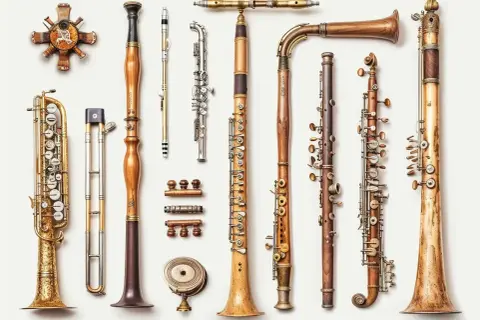 Kolekcja zabytkowych dętych instrumentów muzycznych, od saksofonu po flety, prezentuje kunszt rzemieślniczy i piękno drewna i metalu.