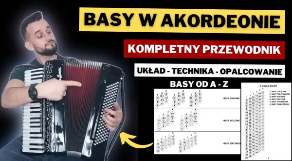 Mężczyzna pokazuje układ basów na akordeon. Na ekranie widoczne są tabele z akordami i ich nazwami.