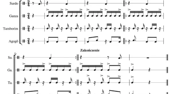 Partytura muzyczna z rytmami dla brazylijskich instrumentów perkusyjnych: Surdo, Ganza, Tamborim i Agogô.