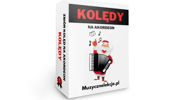 Świąteczny Mikołaj gra na akordeonie, a obok nuty. Zbiór kolęd na akordeon.
