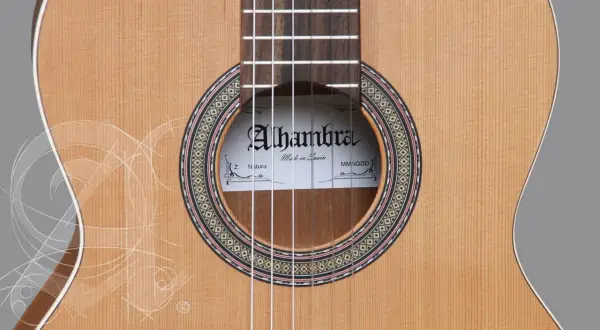 Gitara Alhambra z serii Natura, wykonana z naturalnego drewna, z ozdobnym rozetą i białymi, delikatnymi liniami przypominającymi szkice.