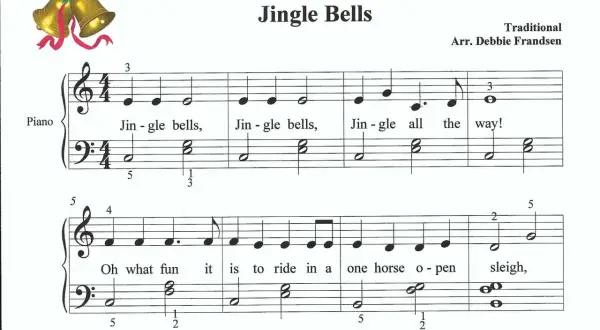 Nuty do "Jingle Bells" na fortepian, z dzwoneczkami w tle.
