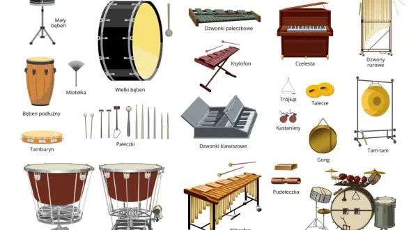 Ilustracja przedstawia różnorodne instrumenty muzyczne perkusyjne: bębny, ksylofon, wibrafon, dzwonki, talerze, gong, kastaniety i inne.