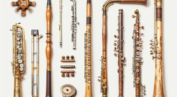 Kolekcja zabytkowych dętych instrumentów muzycznych, od saksofonu po flety, prezentuje kunszt rzemieślniczy i piękno drewna i metalu.