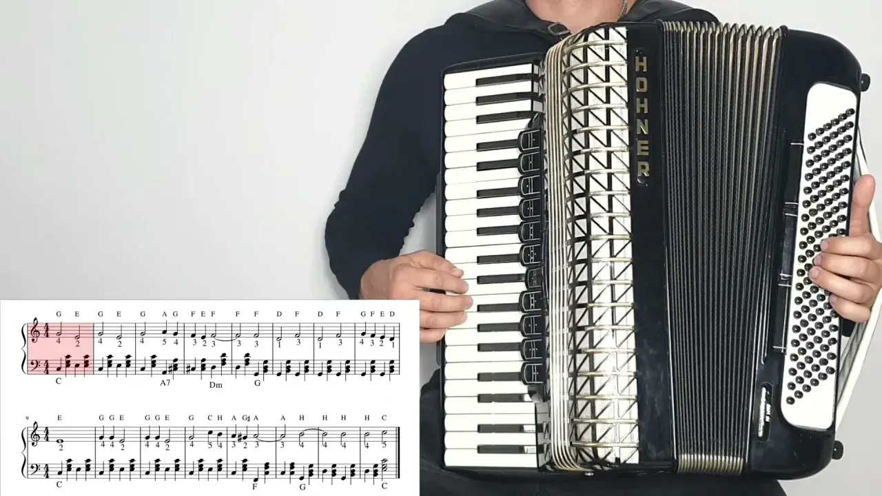 Akordeonista gra "Sto lat", nuty literowe pokazują melodię.