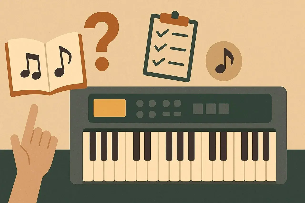 Ręka wskazuje na nuty w książce obok keyboardu. Czy brakuje pedału do keyboardu?