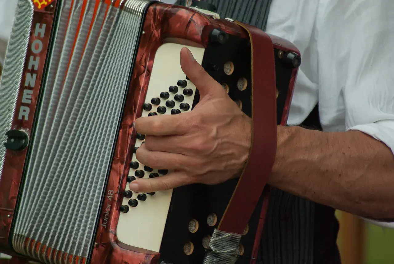 Dłoń gra na akordeonie HOHNER. Ile trwa nauka gry na akordeonie? Zależy od zaangażowania i talentu.