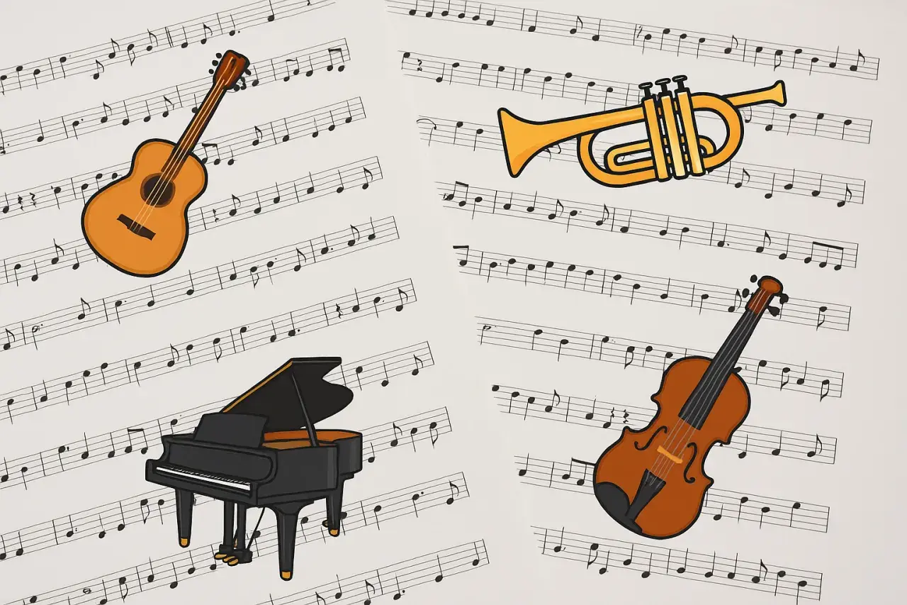 Nuty do sto lat z gitarą, trąbką, fortepianem i skrzypcami.