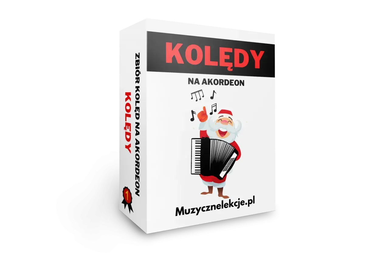 Świąteczny Mikołaj gra na akordeonie, a obok nuty. Zbiór kolęd na akordeon.