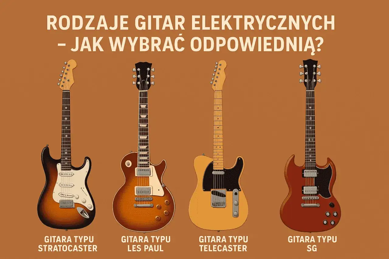 Cztery rodzaje gitar elektrycznych: Stratocaster, Les Paul, Telecaster i SG, prezentowane obok siebie, pomagają wybrać idealny instrument.