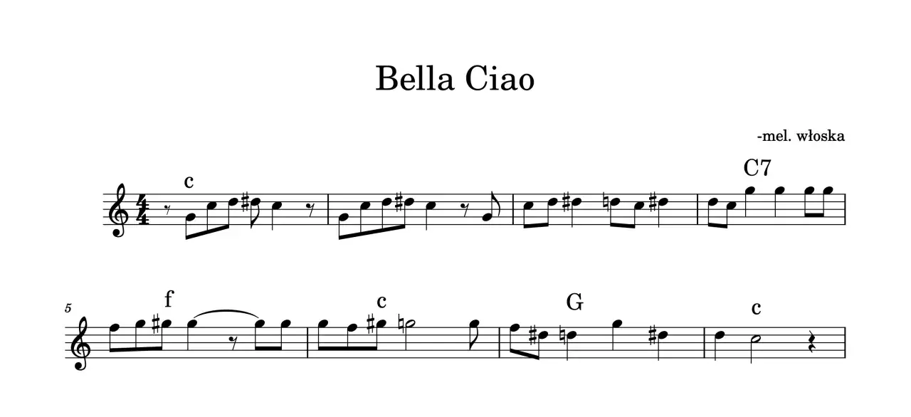Bella Ciao nuty. Melodia włoska zapisana na pięciolinii, z akordami C, C7, G.