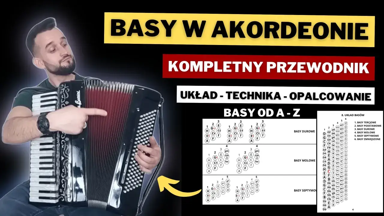 Mężczyzna z akordeonem i schematami basów. Dowiedz się, ile trwa nauka gry na akordeonie, poznając układy basów od A do Z.