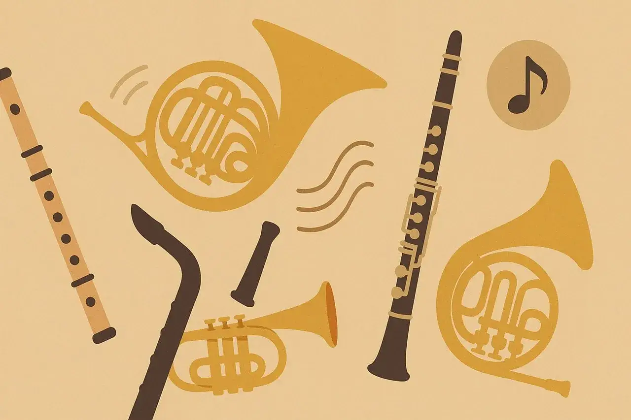 Instrumenty dęte: flet, klarnet, saksofon, trąbka i dwa rogi. Muzyka gra!