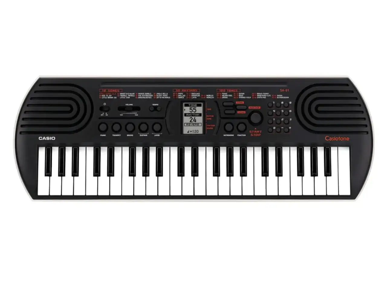 Czarny keyboard Casio SA-81, idealny jako keyboard dla dzieci, z białymi klawiszami i kolorowymi przyciskami do nauki muzyki.