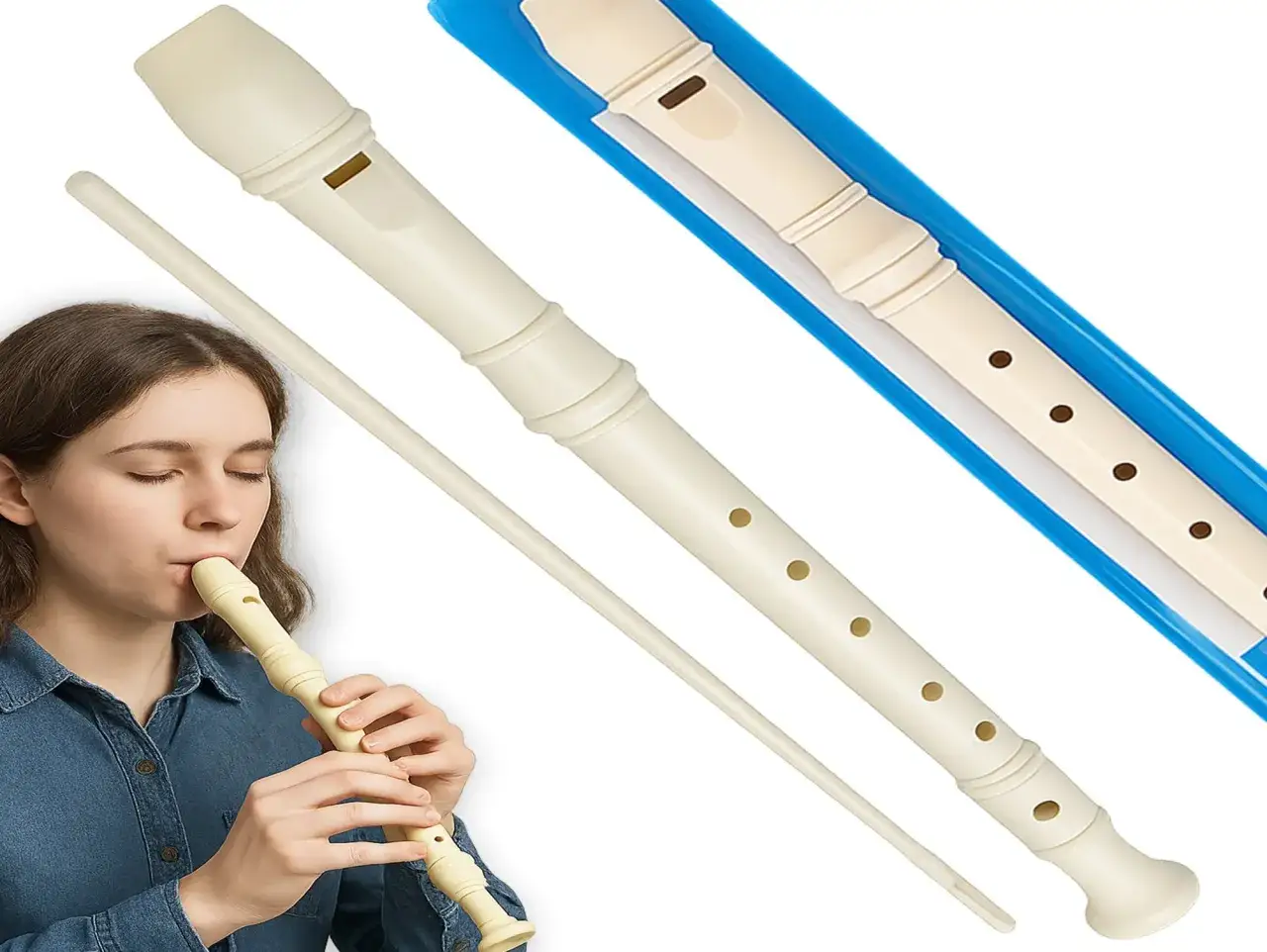 Dziewczynka gra na flet prosty szkolny. Instrument w białym kolorze, obok niego patyczek do czyszczenia i futerał.