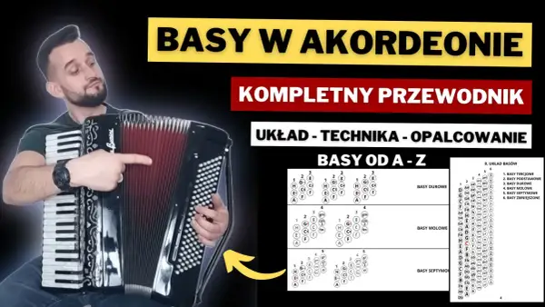 Mężczyzna pokazuje układ basów na akordeon. Na ekranie widoczne są tabele z akordami i ich nazwami.