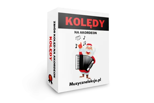 Świąteczny Mikołaj gra na akordeonie, a obok nuty. Zbiór kolęd na akordeon.